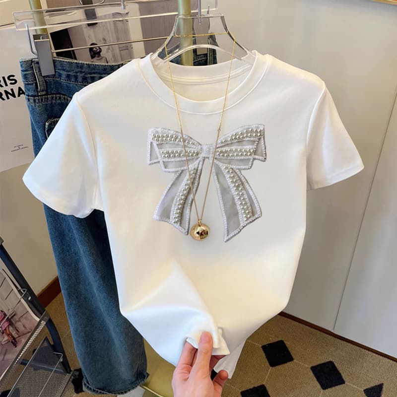 Women's White Printed T-Shirt Bow Decoration Short Sleeve Casual Top Trendy Summer Design Fashion All Match Ins Niche