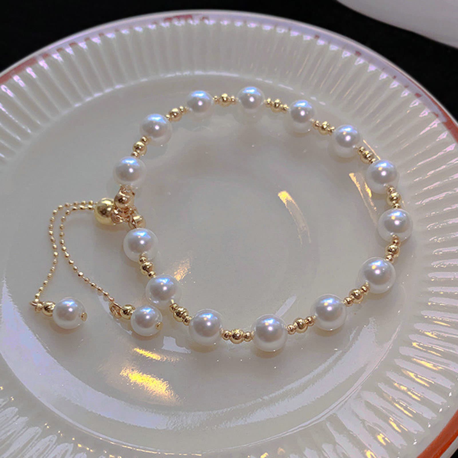 Shuosbai Women Bracelet Beaded Adjustable Elegant Dainty Simple Style Gift Golden High Gloss Pearl Girls Bracelet Fashion Jewelry