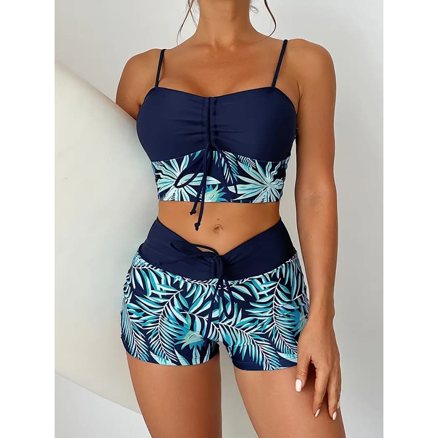 women's split high waist boxer lace-up print solid color splicing print large size swimsuit