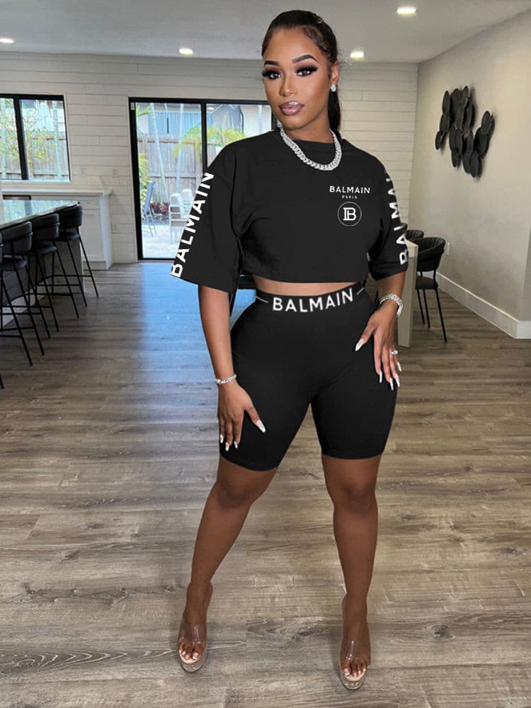 X2381 2023 femmes été mode lettre offset imprimé col rond manches courtes ensemble de shorts