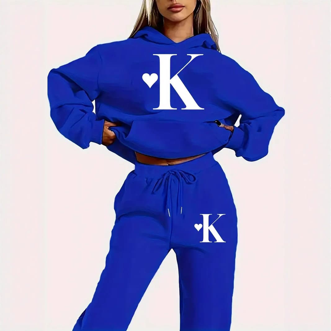 Women's Letter Print Sweatshirt Set, Long Sleeve Pullover Top And Pants, Casual Two Piece