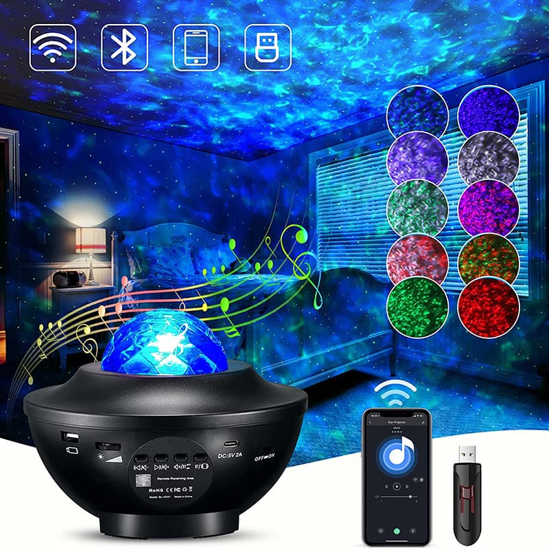 Projected Starry Sky Big Bowl USB Bluetooth Music Rotating Ripple Full Starry Sky Laser Stage Light Bedroom Atmosphere Night Light