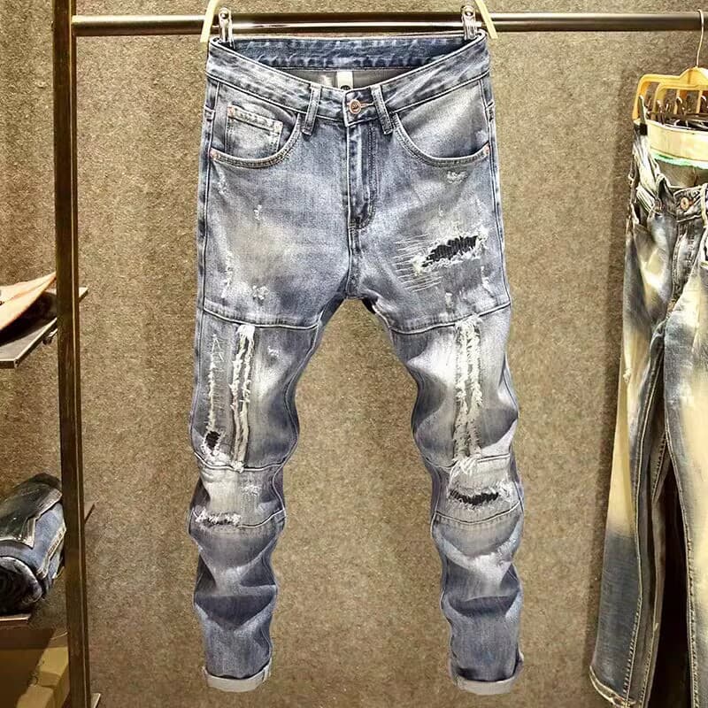 American Trendy Brand Jeans For Men, Slim Fit, Stretchy Narrow Leg Pants, Stylish, Handsome, Ripped, Scratched, Stitched, Patched Long Pants