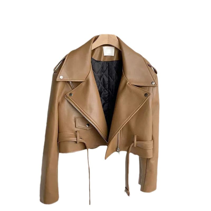 Women's Clothing Retro Leather Jacket For Women Autumn And Winter New Style Fashionable Design Belt Short Motorcycle Leather Jacket Trend