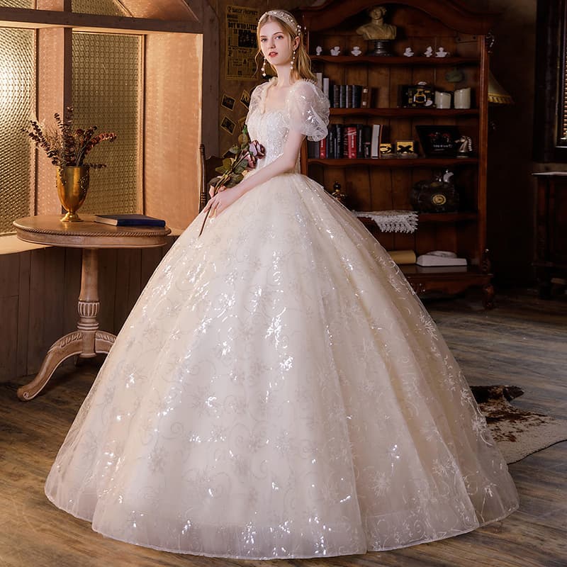 Women's Champagne main wedding dress bride's fairy spirit large size short sleeves
