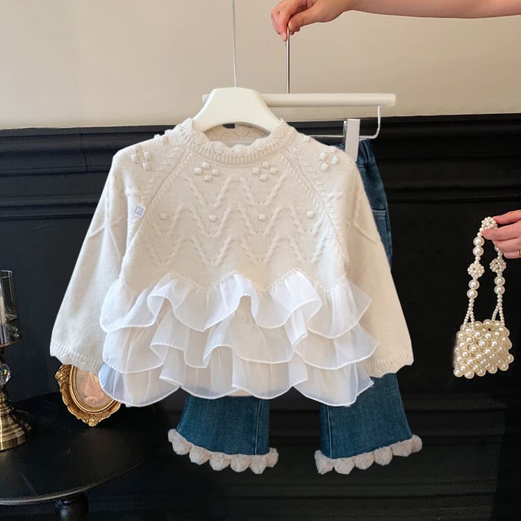 Baby Girls' Sweater Autumn And Winter Lace Stitching Thickened Warm Knit Sweater Children's Pullover Top