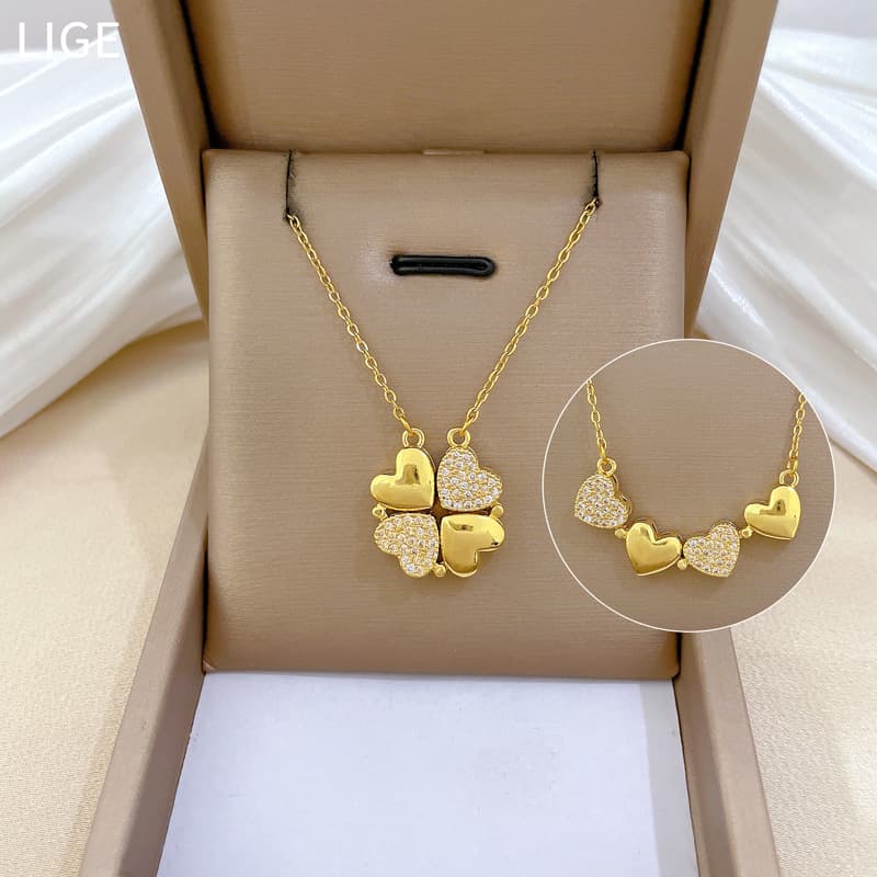 【 】 Women's New Necklace, Two Piece To Heart Opening Four Leaf Flower Full Diamond Versatile Clavicle Chain, Titanium