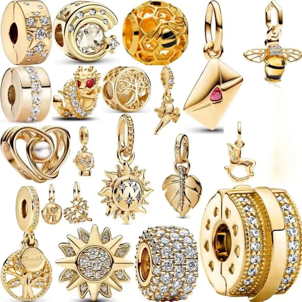 925 Silver Bee Heart Tree And Horse Pendant Charms With Gold Color Beads Fit Original Charm DIY For Women's Bracelet
