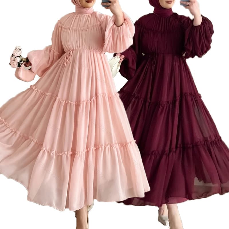 ​​Elegant Long Dress With Lace Belt – Modest Flowy Maxi Dress For Women, Soft Solid Color & Feminine Details​​