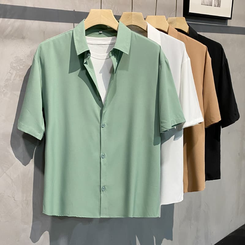 Men's Clothing Ascetic Ice Silk INS Temperament Retro Drape Free Ironing Green White Shirt Men And Women Short-sleeved Handsome Korean Version Loose