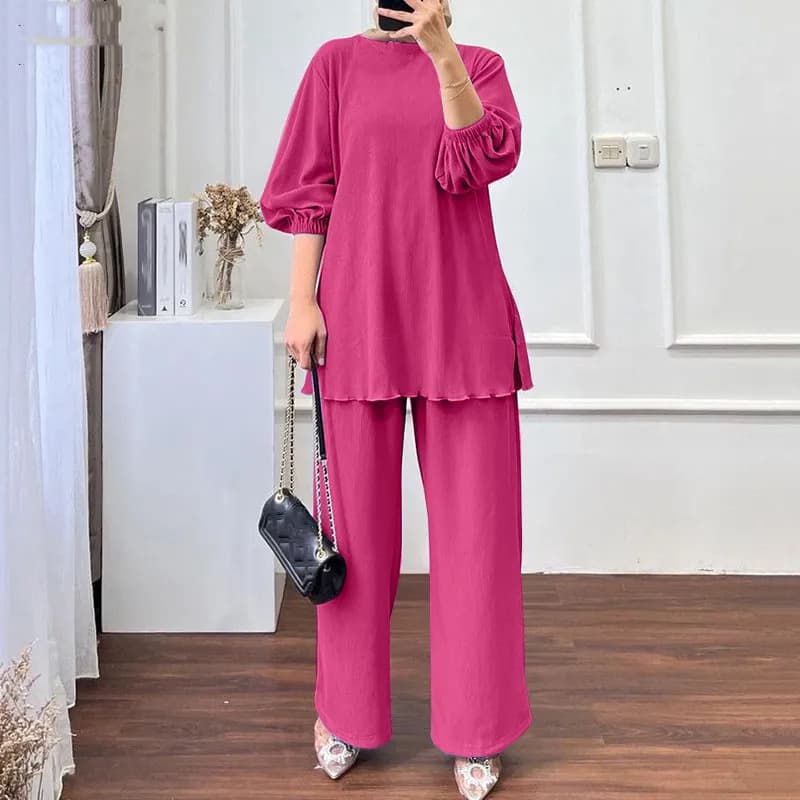 Women's Clothing Muslim Middle Eastern Style New Solid Color Pullover Round Neck Puff Sleeve Suit