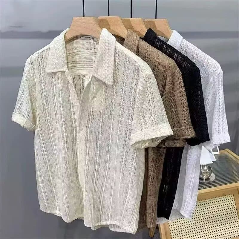 Men's Clothing Summer Thin Fashion Hollow Short Sleeved Shirt Handsome Light Luxury Drape Shirt