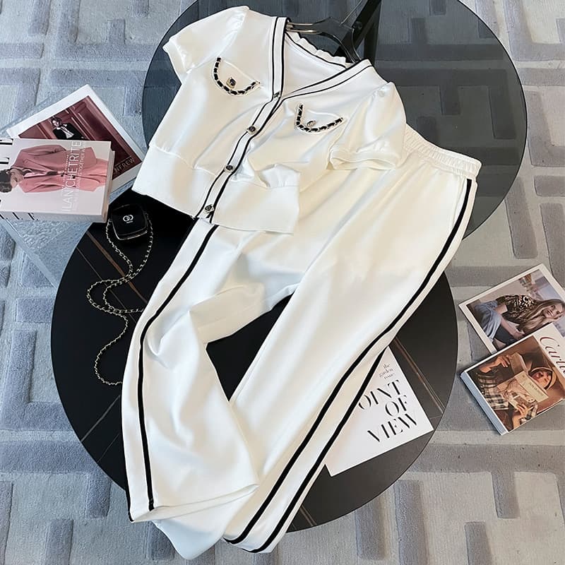 Women's Clothing Short Sleeved Casual Sports Suit Summer Fashion Thin Cardigan Top Straight Wide Leg Trousers Two Piece Suit