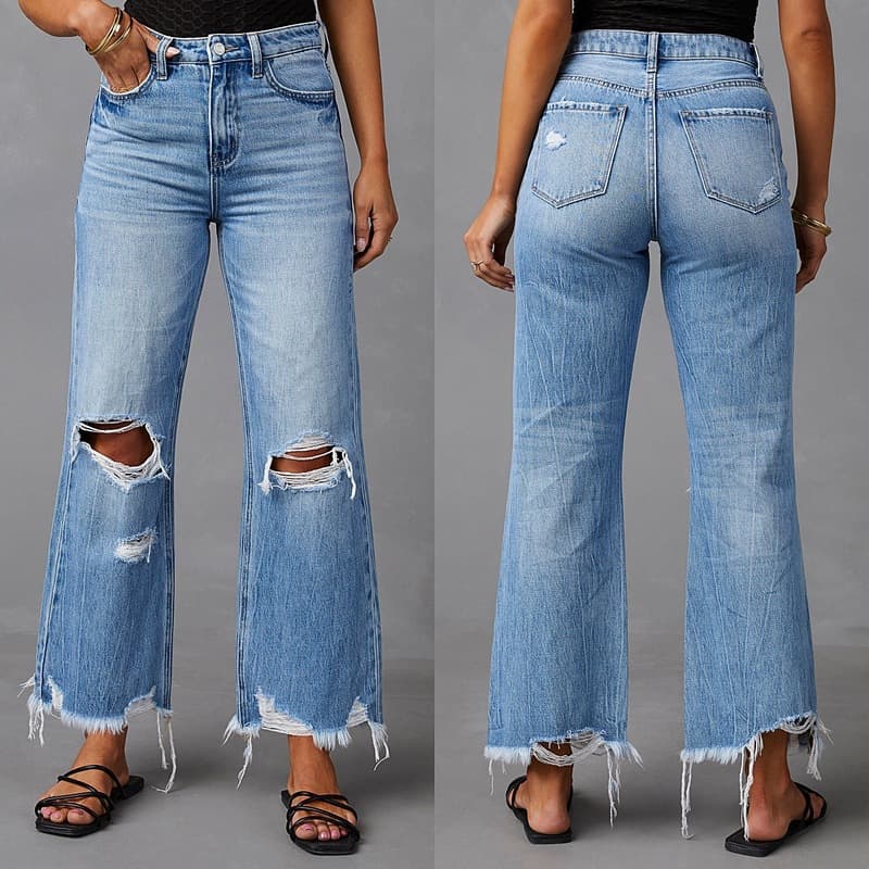 Women's wide-leg pants with tassels washed with holes in long jeans straight women's casual pants