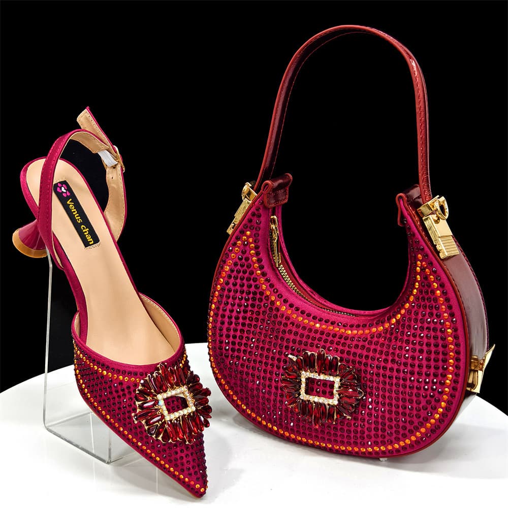 Women's Shoes Women's Pointed Shoes And Bags Set Diamond Buckle Decoration Fashionable And Simple Banquet Style Wine Red Pointed