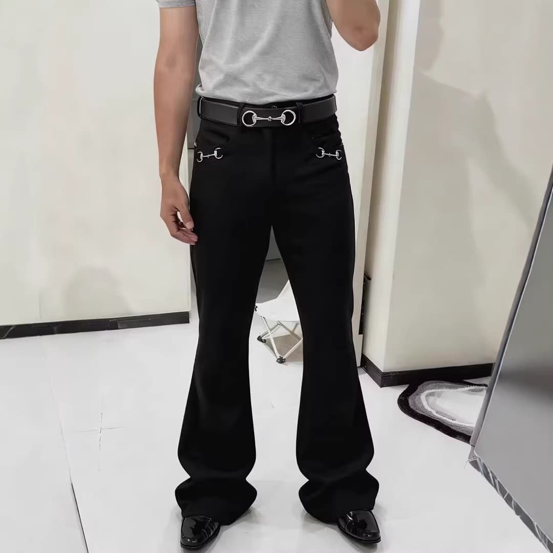 Low-Ride Distressed Denim – Gothic Rivet Jeans With Flared Hem & 90s Grunge Revival Silhouette