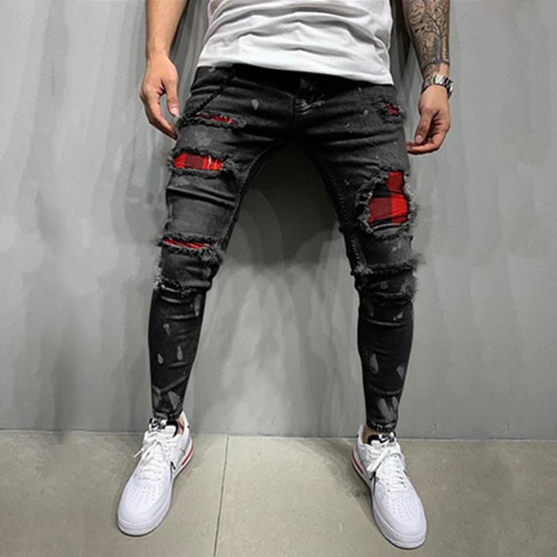 Vêtements pour hommes Jeans pour hommes personnalité déchiré Patch imprimé petit pied jean