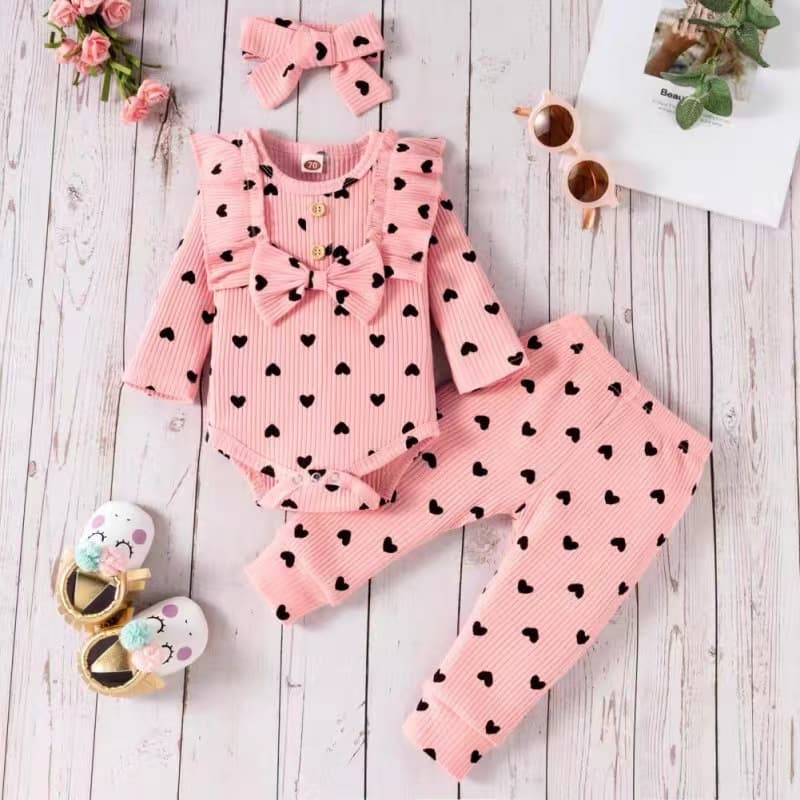 Adorable Baby Girl 3-Piece Set – Heart-Print Long Sleeve Romper + Pants + Headband (0-18M) | Soft Cotton Infant Outfit