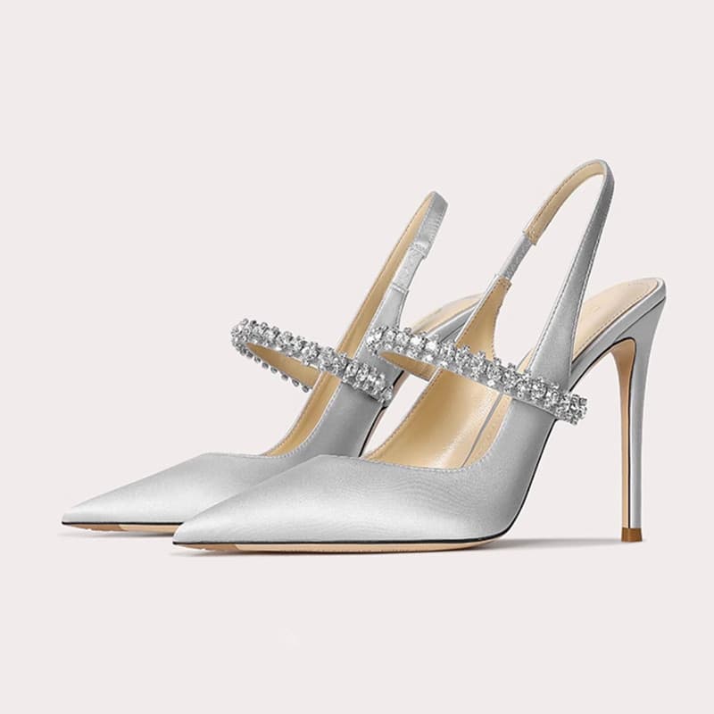 one-word toe sandals for women with rhinestones 2024 new style stiletto pointed toe genuine leather high heels women's single shoes