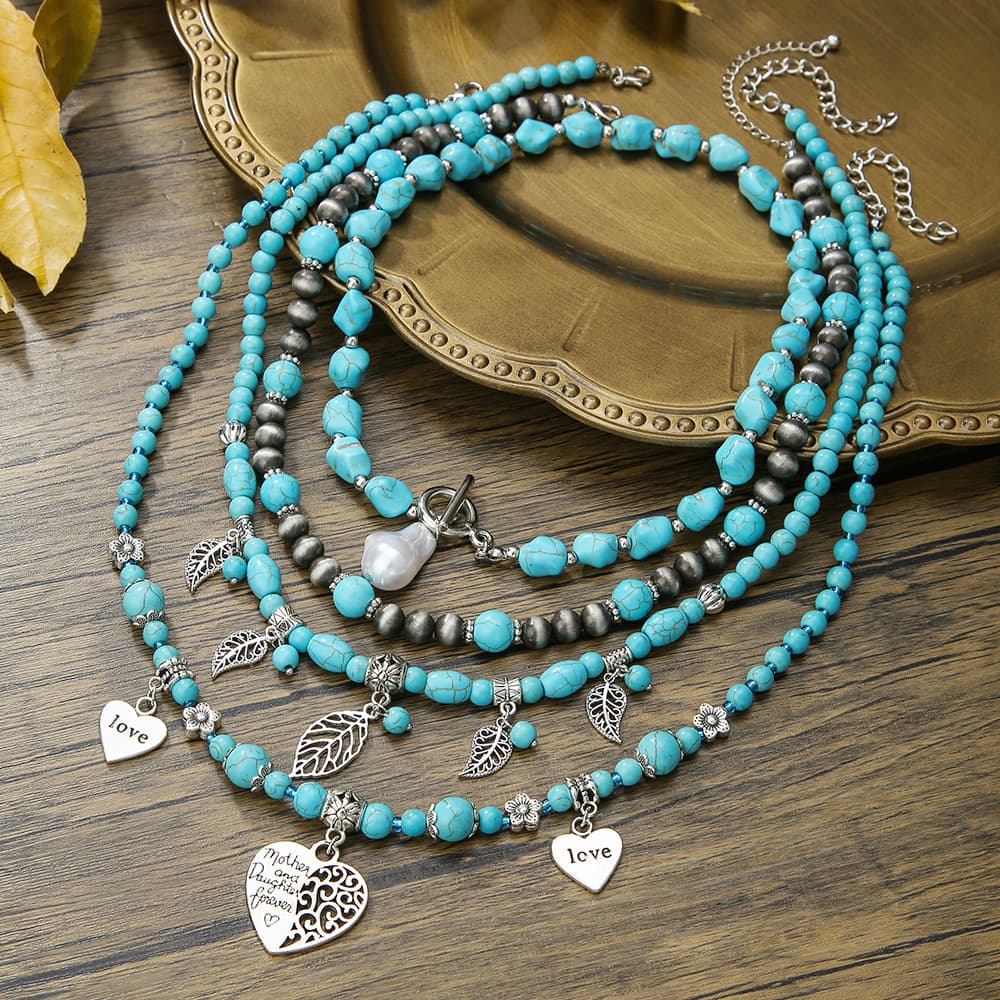 Bohemian Ethnic Style Turquoise Necklace Butterfly Water Drop Pearl Love Pendant Clavicle Necklace