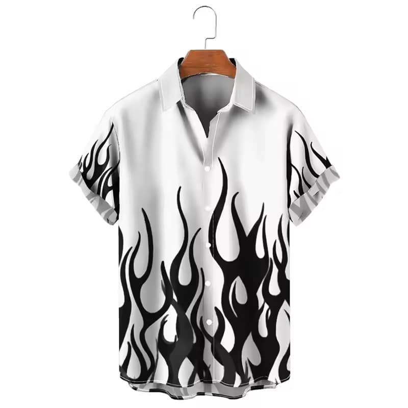 Men's Clothing Flame Print Short Sleeve Shirt Fashion Beach Vacation Lapel Shirt Men Summer Button Down Shirt