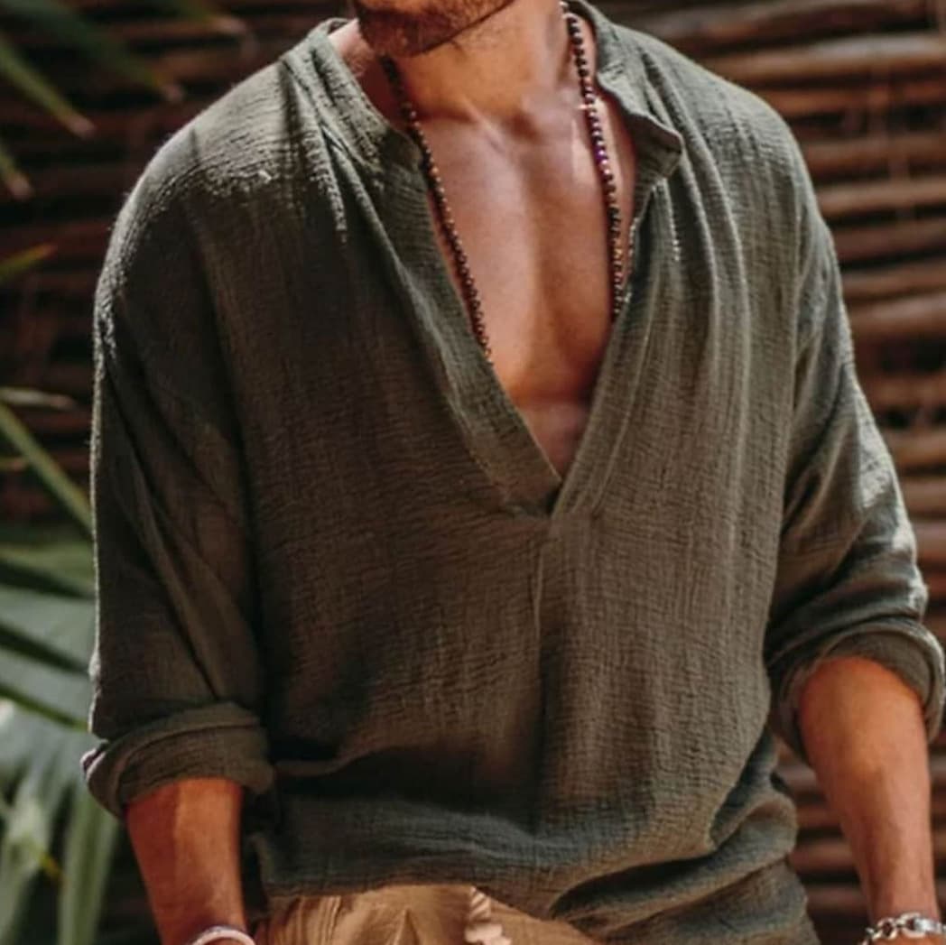 Men's Clothing Independent Linen Shirt Viking Style Summer Beachwear Long Sleeve Solid Color V Neck Outdoor Street Thin Style