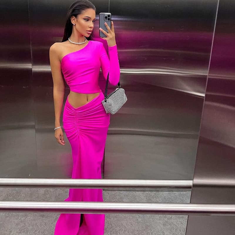 women's fashion and sexy slanted shoulder single-sleeve pleated waist-revealing slit mid-length women's dress