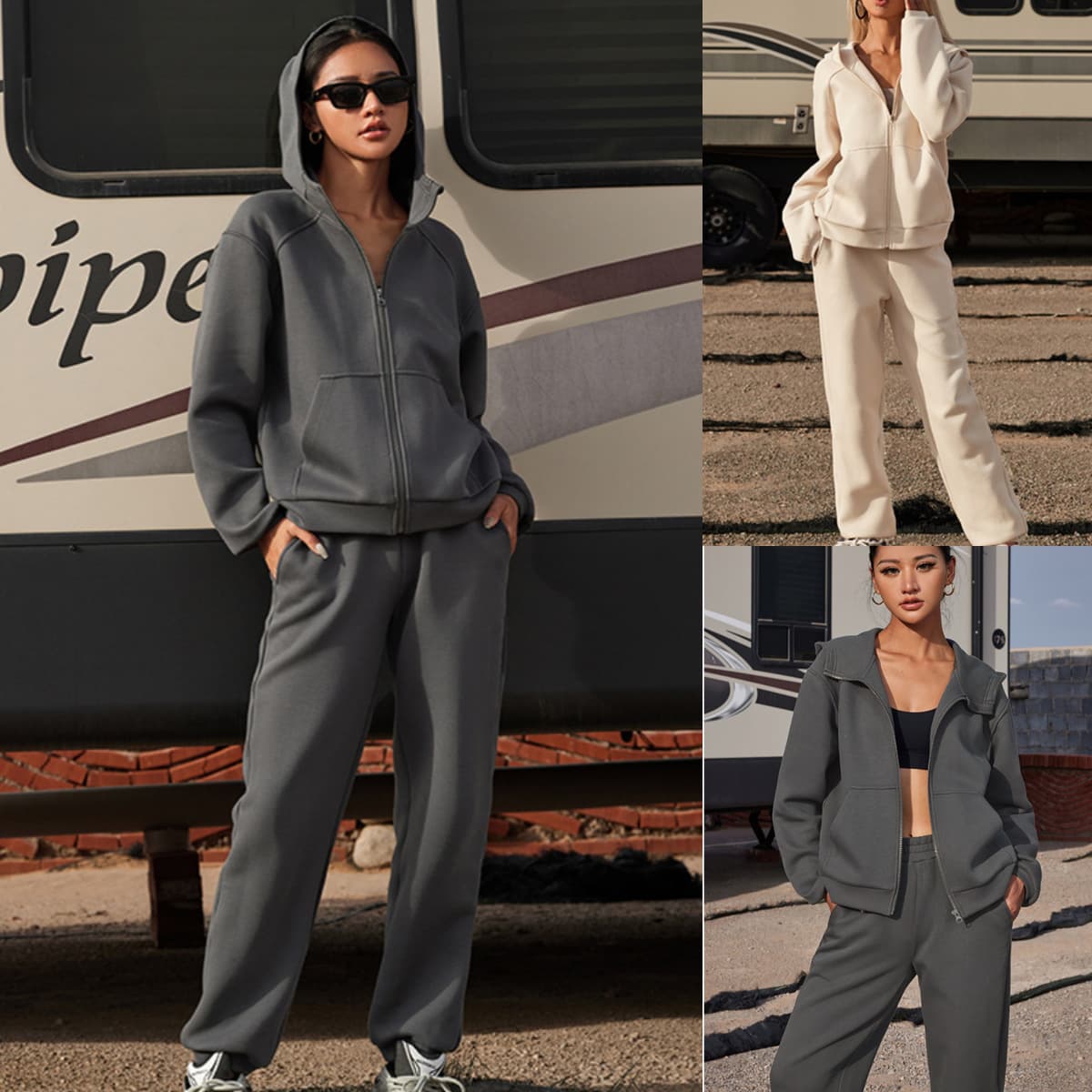 Women's Clothing Hooded Long Sleeve Jogger Set Casual Two-Piece Outfit Elastic Cuffs Streetwear Style, Soft Polyester-Spandex Blend (Dark Grey, Beige)