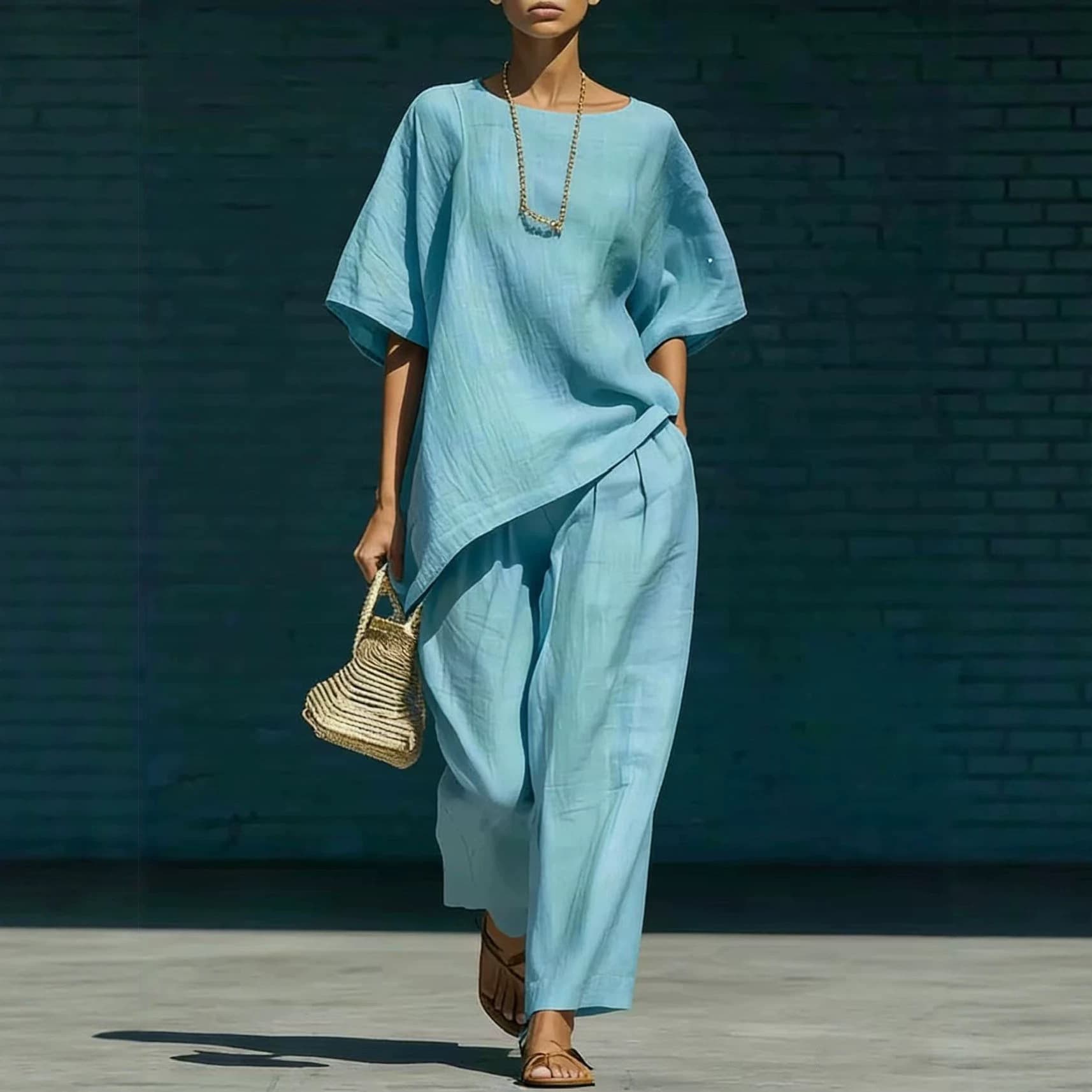 Women's Wrinkle Textured Two-Piece Set Relaxed Fit Short Sleeve Top With Asymmetrical Hem And Wide-Leg Pants