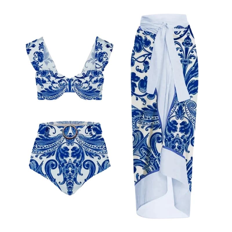 Women's High Waist Retro Print Split Swimsuit Women's Hot Spring Vacation Beach Dress Two-piece Swimsuit