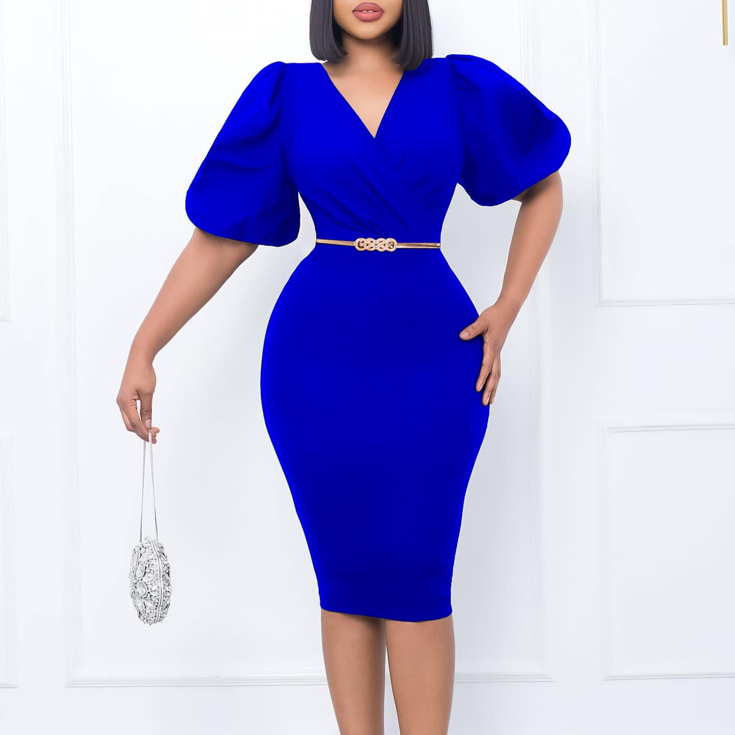 Women's Summer New Puff Sleeve V-neck Bag Hip Professional OL Temperament Tongle African European And American Dress