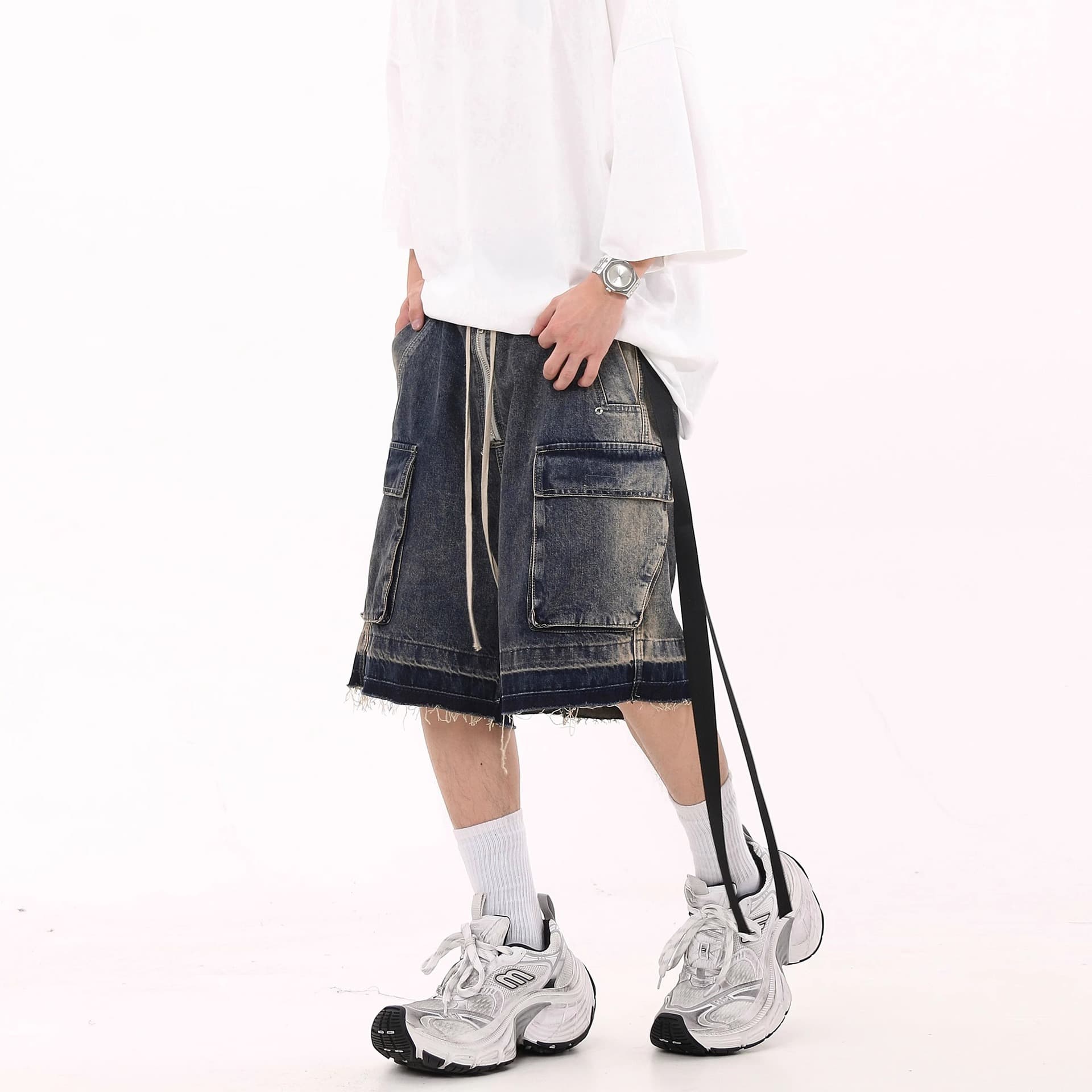Men's Clothing High Street Washed Distressed Workwear Streetwear Washed Distressed Denim Shorts - Relaxed Fit Cargo Shorts For Summer - Blue & Black