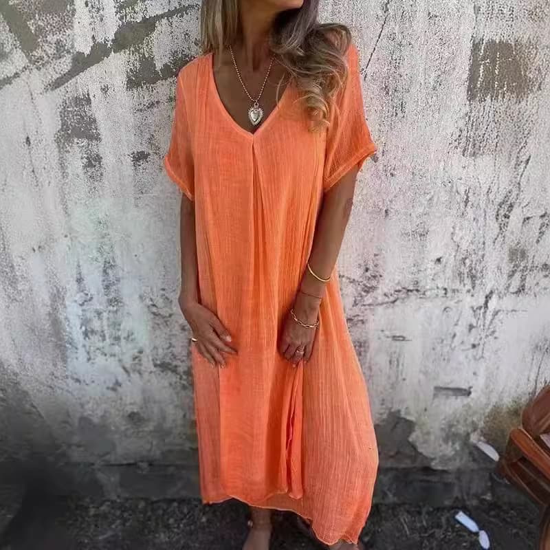 Women's Clothing 2024 fashion new hot color cotton and linen V-neck short-sleeved dress