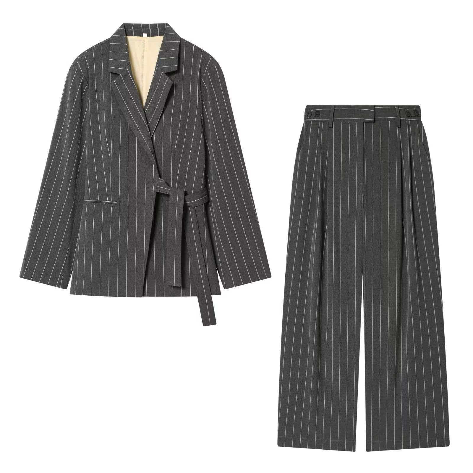 Women's Grey Pinstripe Blazer & Wide-Leg Pants Set – Elegant Office Suit With Belted Waist (Chic Two-Piece Formal Outfit, Professional & Stylish)