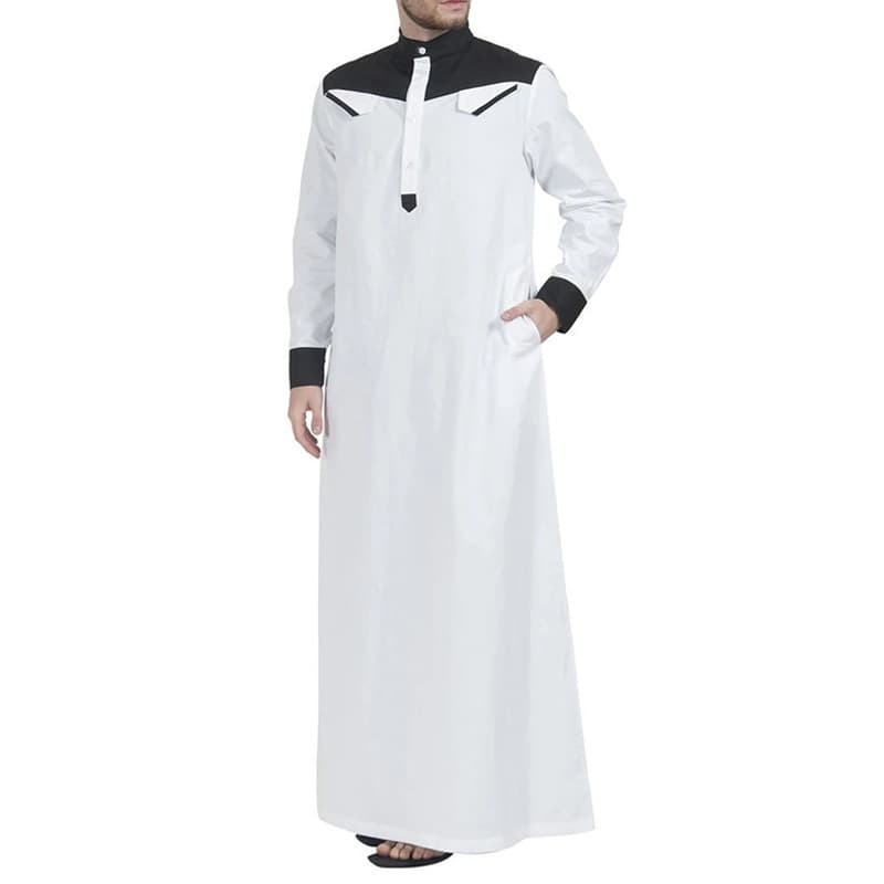 Man's Clothing Muslim Robes Simple Loose Standing Collar Color Patchwork Color Contrast Long-sleeved Men's Jumpsuit