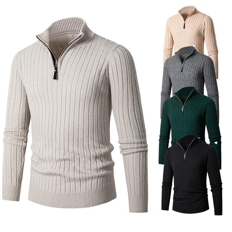 large size men's sweater half zipper sweater for young and middle-aged people vertical stripe bottoming sweater