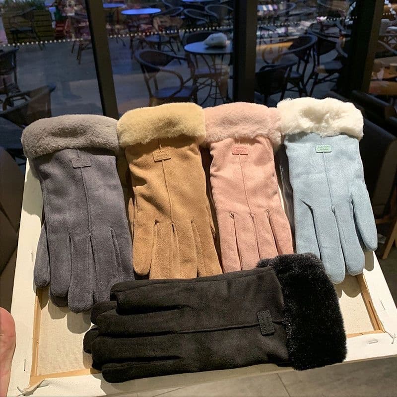Winter suede warm outdoor windproof and plush thick gloves, women's standard wool mouth cycling touch screen gloves