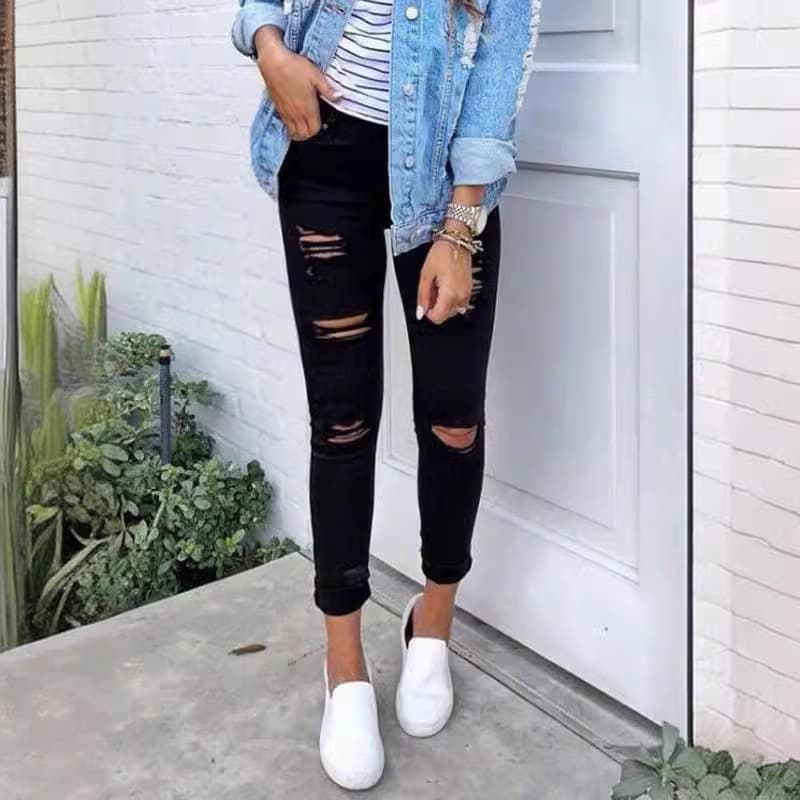 Women's Clothing Pure Black Stretch Women's Jeans Quality High Waist Slim Pencil Trousers