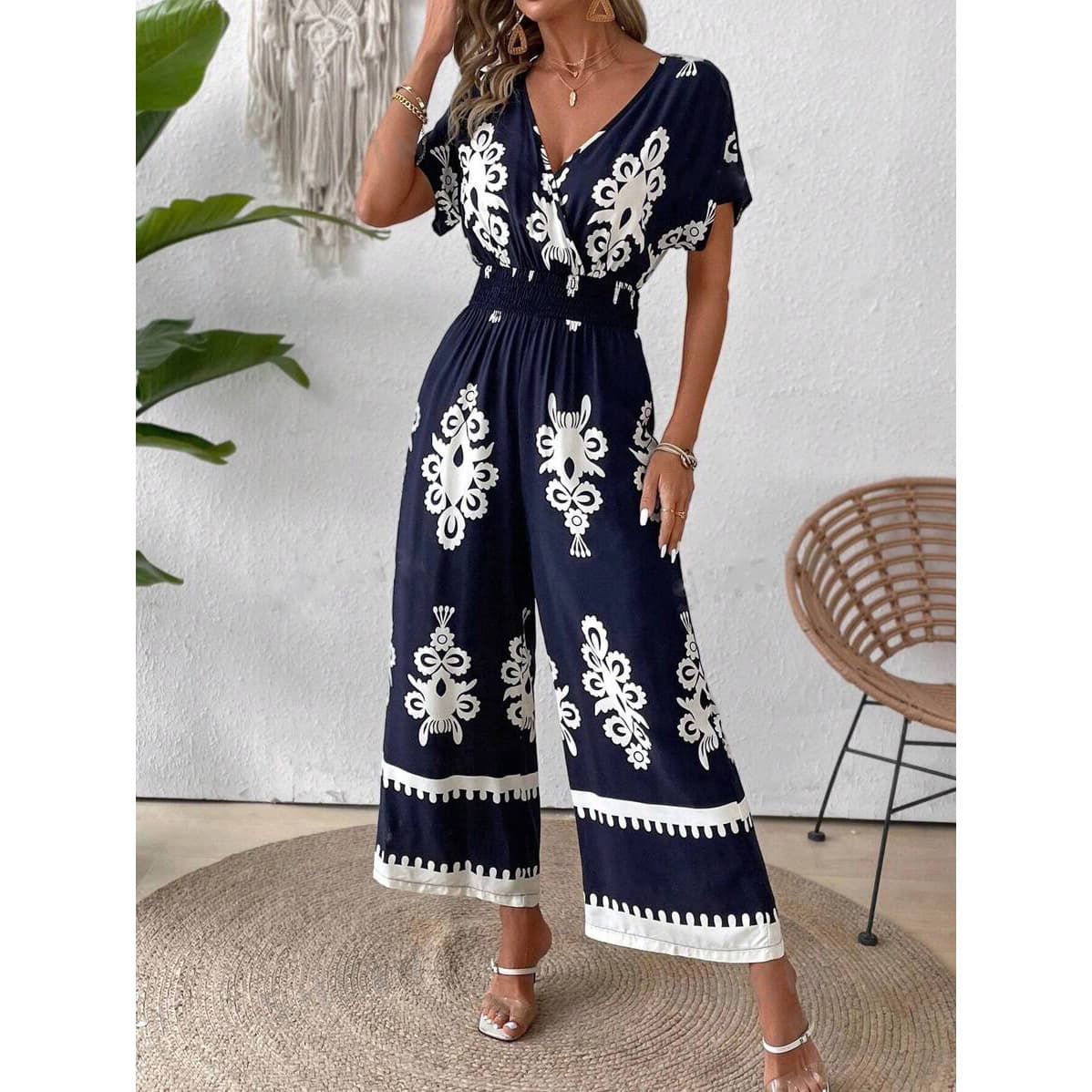 Women's V-neck bat sleeve waist jumpsuit