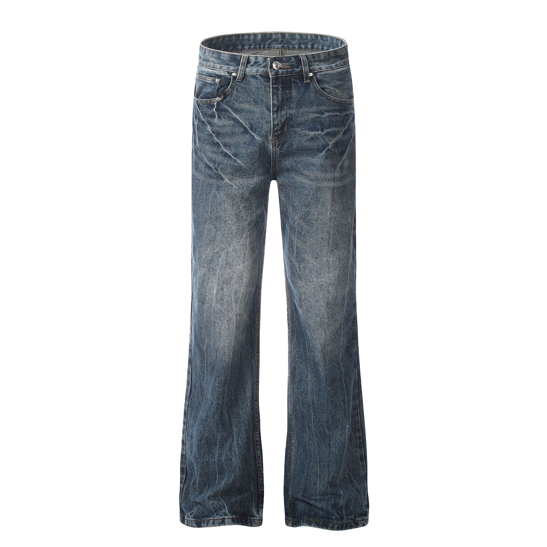 Men's Clothing Retro Style High End Washed Blue Street Trend Lightning Pattern Design Men's Slim Fit Flared Jeans