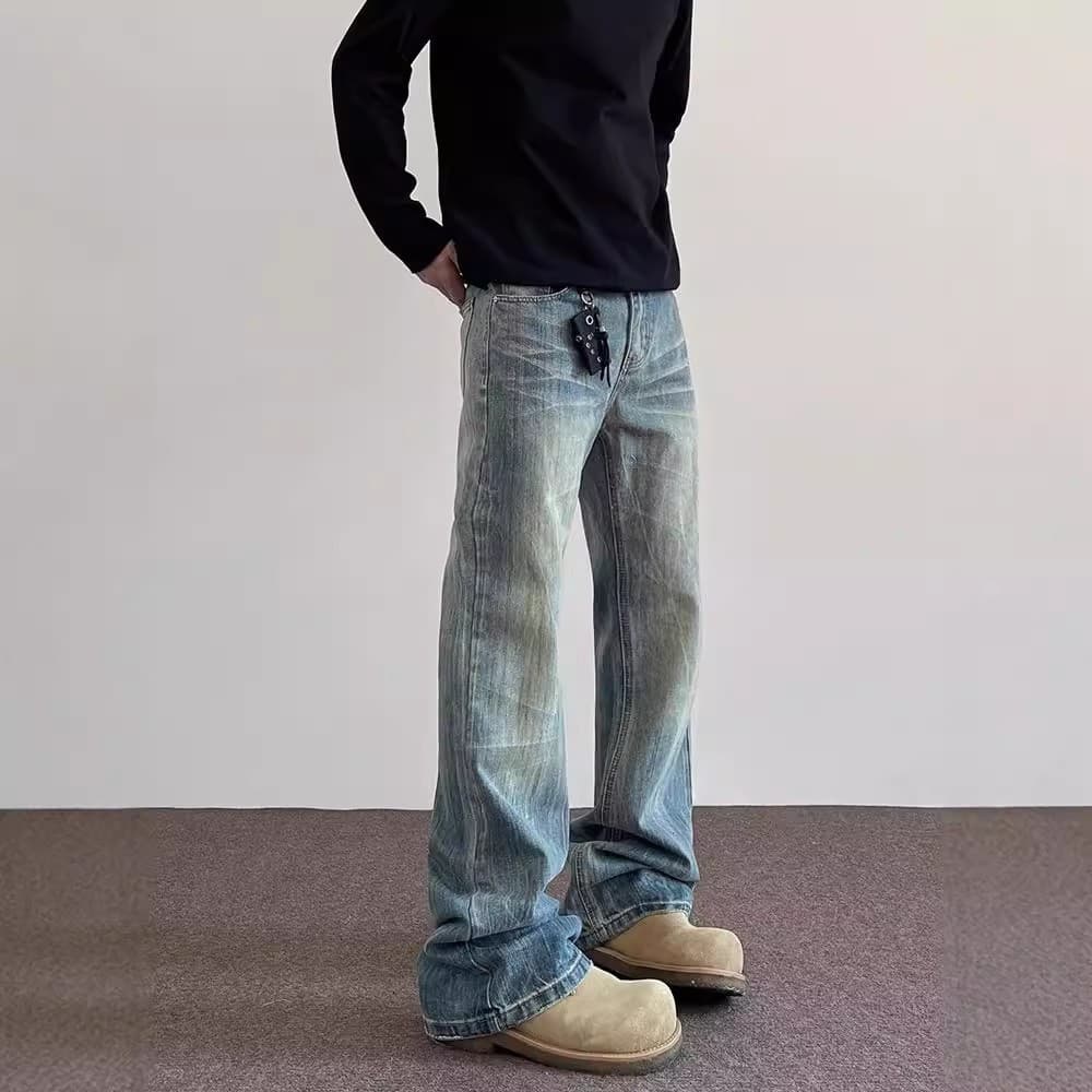 Men's Clothing High Street Cleanfit Cat Whisker Pattern Distressed Jeans Straight Flared Vibe Long Pants