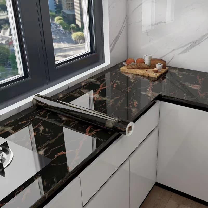 Small Size Black And White Marble Oil-Proof Waterproof Self-Adhesive High Temperature Resistant Home Renovation Glossy
