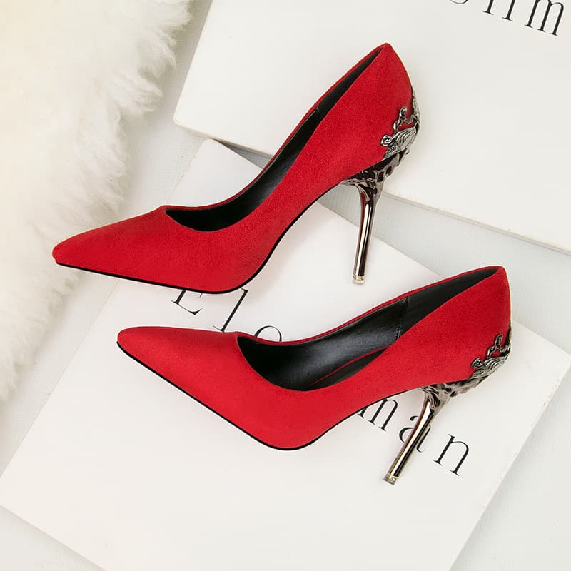 Pointed single shoes Women's wedding shoes Red bridal shoes Metal hollow-out suede stiletto heels