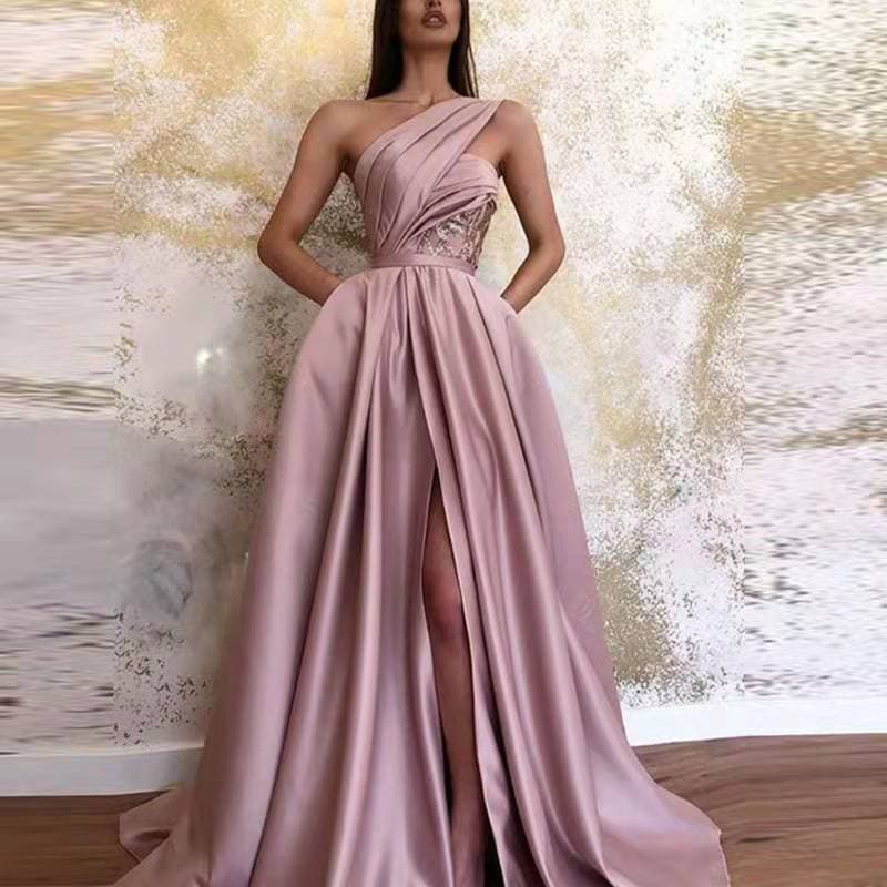 Women's sexy slit oblique shoulder dress long dress evening gown