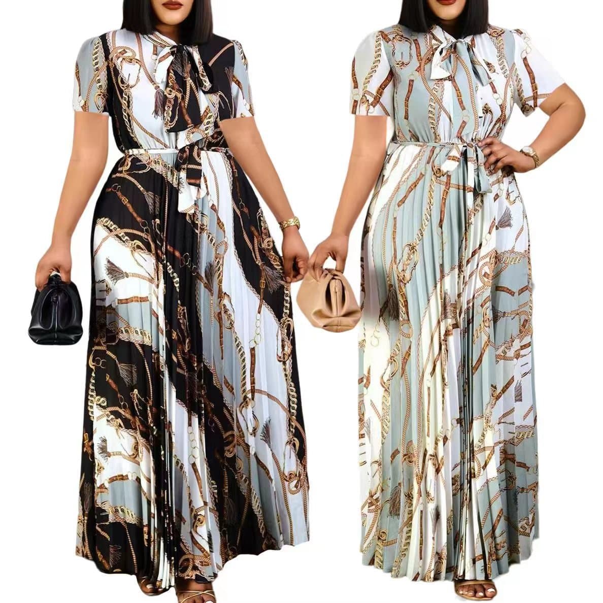 Women's Short-sleeved Printed Pleated Straps Long Skirt Plus Size