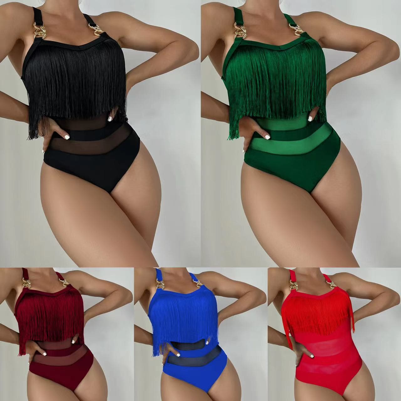 Women's Clothing Tassel Strap Hollow Swimsuit Multi-color Chain One-piece Swimsuit Women's Sexy Push Up Bikini