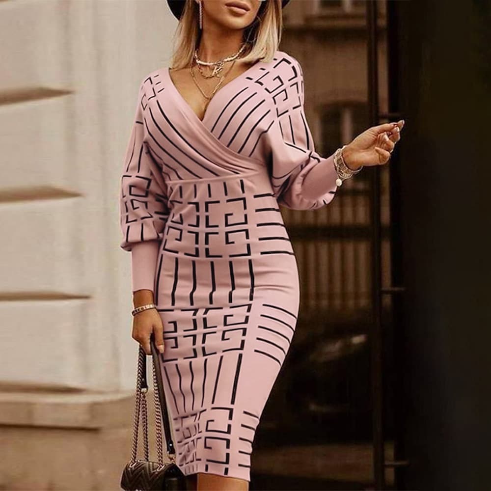 New women's clothing fashion print long sleeve v-neck waist hip dress