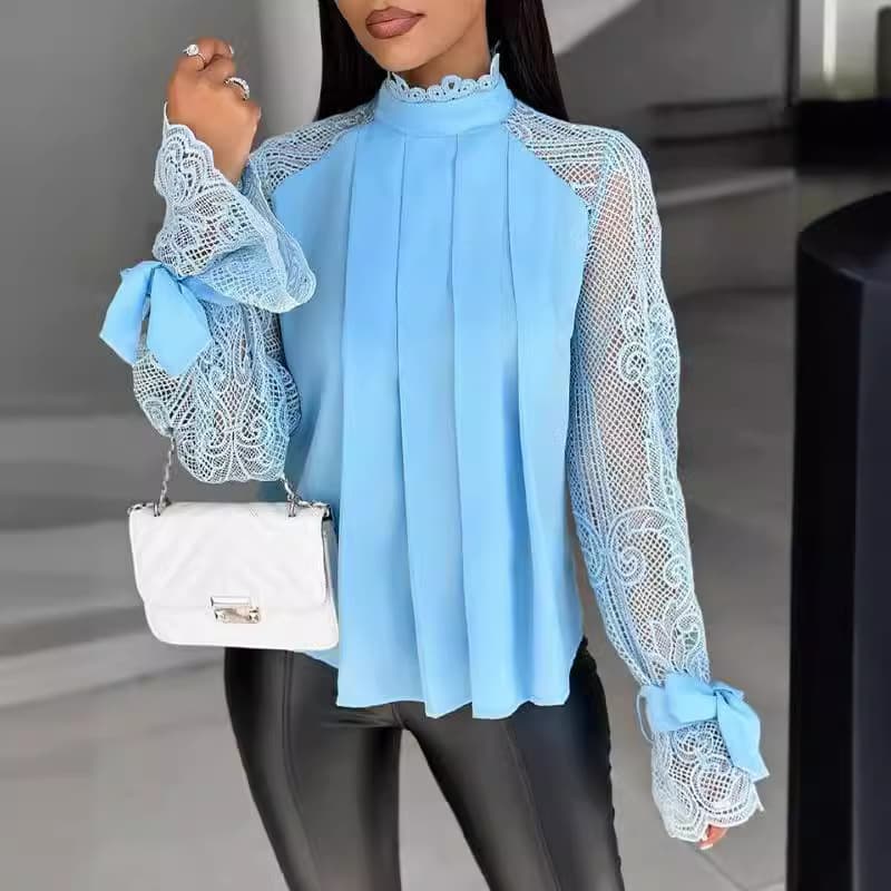 Women's Clothing 2024 real shot niche design French sweet lace sleeve patchwork shirt