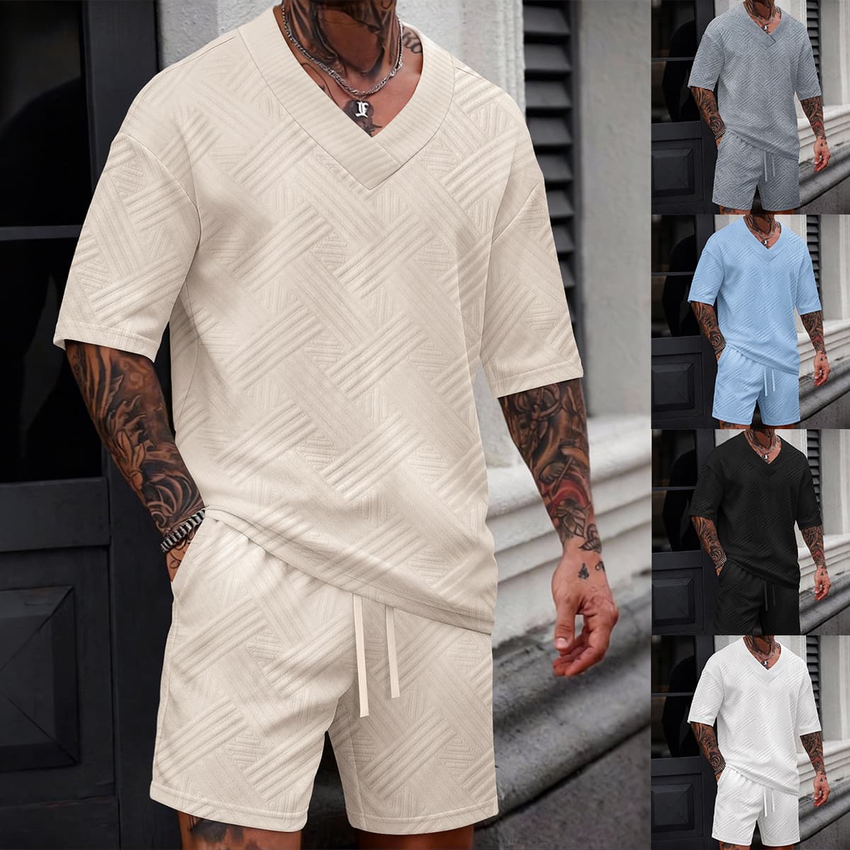 Men's Clothing Casual V-Neck Short Sleeve T-Shirt & Shorts Set - Breathable Polyester Blend, Solid Color & Jacquard Design, Lightweight Summer Outfit