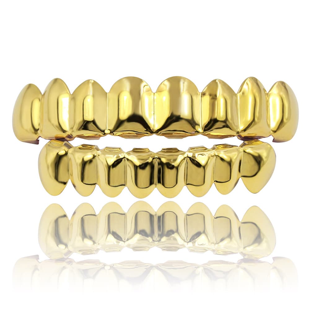 ​​Hip Hop Gold Grillz Set - 8 Teeth Upper & Lower Shiny Dental Jewelry For Men And Women - Premium Electroplated Finish For Parties Weddings Gifts